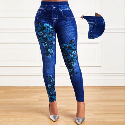 Women Butterfly Print Leggings Denim Look Stretch Skinny Yoga Gym Workout Jogger